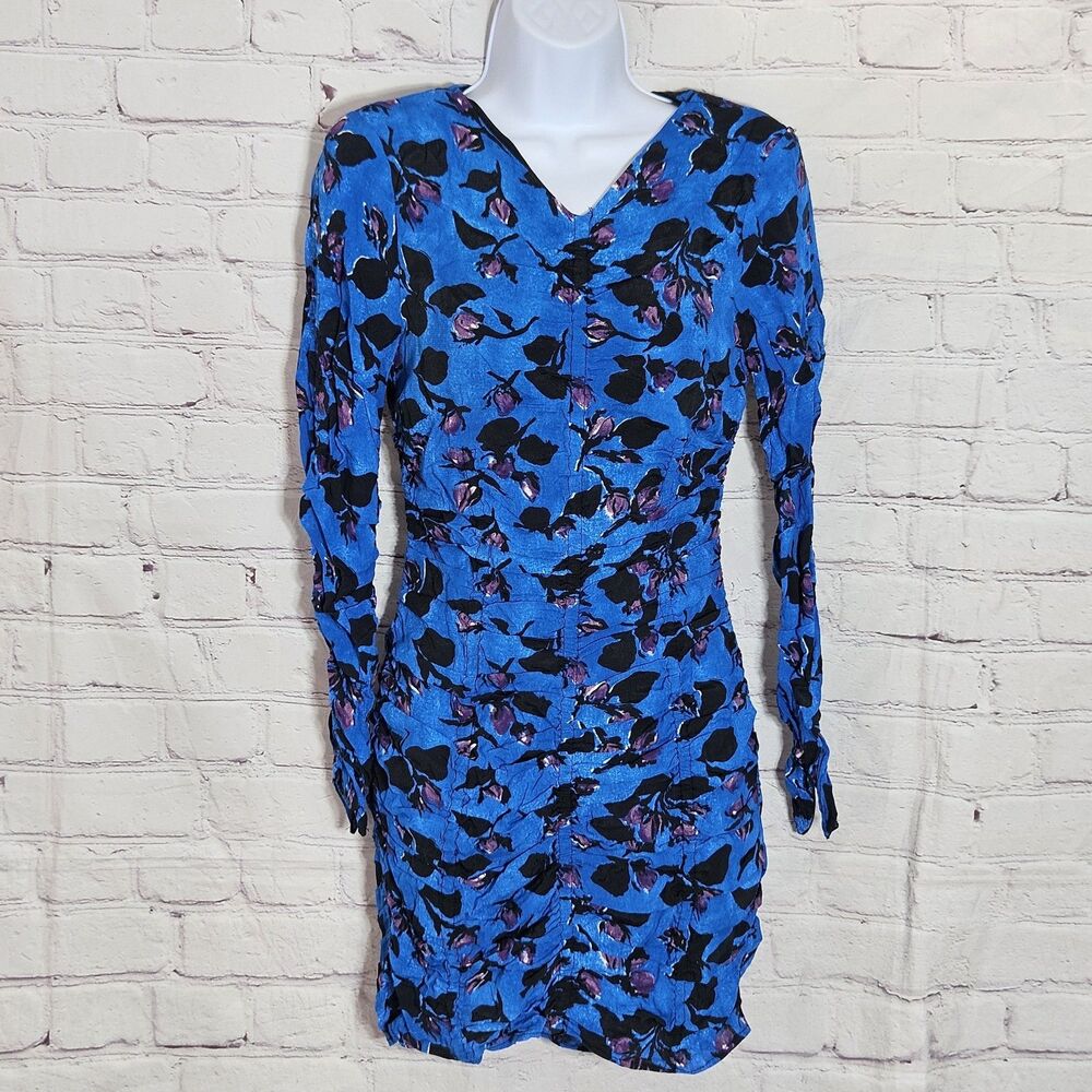 Zara Womens Size XS Draped Floral Print Ruched Mini Dress Blue Shoulder Pads 80s
